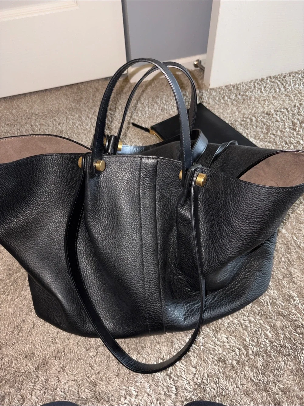 All Saints Black Leather Tote Bag with Gold Accents